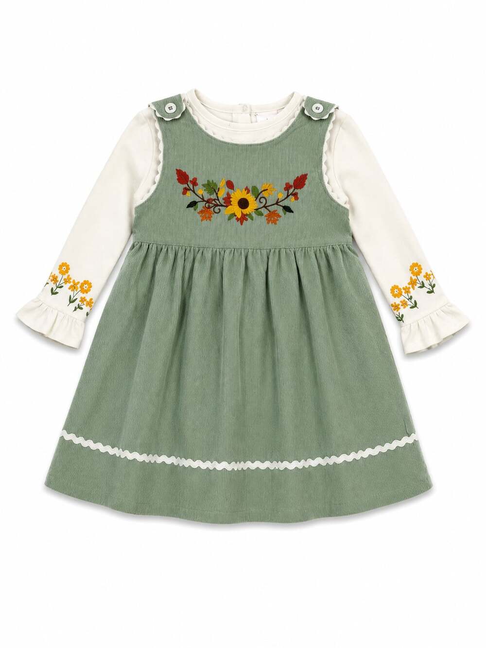 Babyhug Corduroy Sleeveless Frock and Floral Embroidered T-Shirt Set
